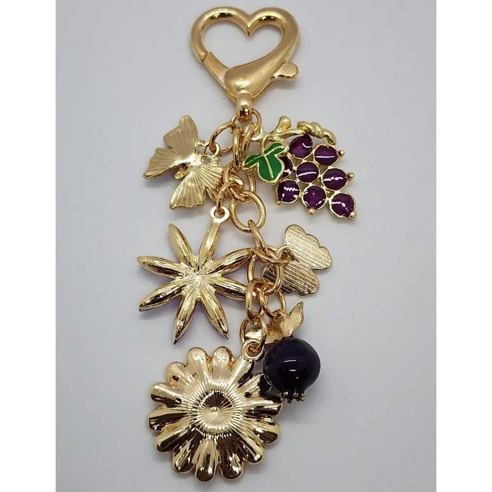 Purple Flowers & Fruits Bag Charm Keychain Grapes Pomegranate Faux Jewels Enamel